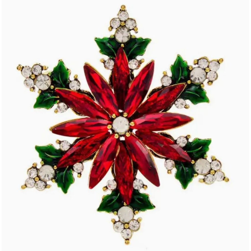 Crystal Poinsettia Brooch Gold Tone Christmas Pin